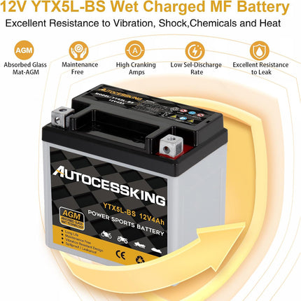 YTX5L-BS ATV Motorcycle Battery, 12v 4ah Sealed AGM Rechargeable Motorcycle Batteries, YTX5L-BS  Lead Acid Replacement Battery For Honda YUASA Yamaha, Maintenance Free High Performance SLA Battery