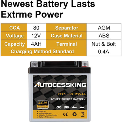 YTX5L-BS ATV Motorcycle Battery, 12v 4ah Sealed AGM Rechargeable Motorcycle Batteries, YTX5L-BS  Lead Acid Replacement Battery For Honda YUASA Yamaha, Maintenance Free High Performance SLA Battery