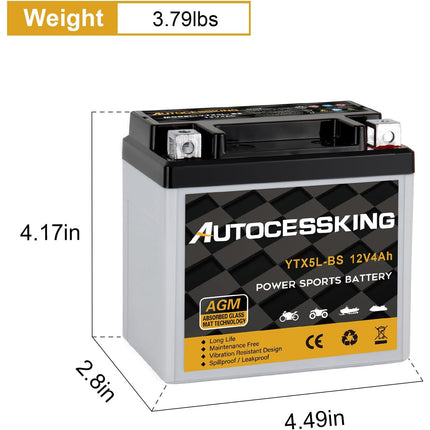 YTX5L-BS ATV Motorcycle Battery, 12v 4ah Sealed AGM Rechargeable Motorcycle Batteries, YTX5L-BS  Lead Acid Replacement Battery For Honda YUASA Yamaha, Maintenance Free High Performance SLA Battery