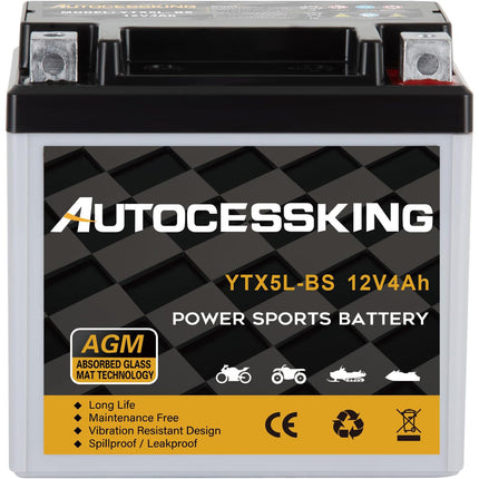 YTX5L-BS ATV Motorcycle Battery, 12v 4ah Sealed AGM Rechargeable Motorcycle Batteries, YTX5L-BS  Lead Acid Replacement Battery For Honda YUASA Yamaha, Maintenance Free High Performance SLA Battery