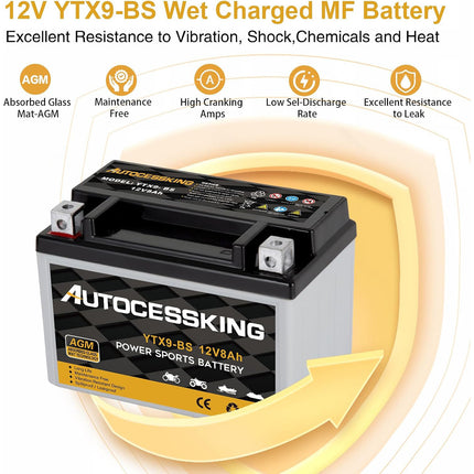 YTX9-BS ATV Motorcycle Battery, 12v 8ah Sealed AGM Rechargeable Motorcycle Batteries, YTX9 BS  Lead Acid Replacement Battery For Honda YUASA Yamaha, Maintenance Free High Performance SLA Battery