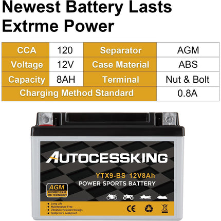 YTX9-BS ATV Motorcycle Battery, 12v 8ah Sealed AGM Rechargeable Motorcycle Batteries, YTX9 BS  Lead Acid Replacement Battery For Honda YUASA Yamaha, Maintenance Free High Performance SLA Battery