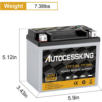 YTX12-BS ATV Motorcycle Battery, 12v 10ah Sealed AGM Rechargeable Motorcycle Batteries, YTX12-BS Lead Acid Replacement Battery For Honda YUASA Yamaha, Maintenance Free High Performance SLA Battery
