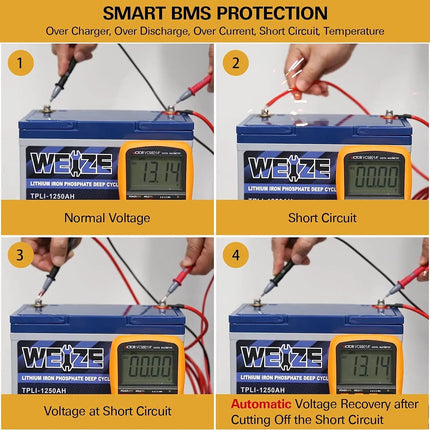 12V 50Ah 640Wh Lithium Iron Phosphate Battery Built-in Smart BMS Up to 8000 Deep Cycles WEIZE