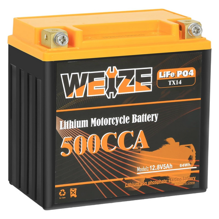 WEIZE 12V 5AH Lithium YTX14-BS, Group 14, 500A LiFePO4 Motorcycle Battery, ATV, UTV, Jet Ski, 4 Wheeler, Snowmobile, Personal Watercraft, Seadoo, Polaris, Generator and Riding Lawn Mower Battery WEIZE