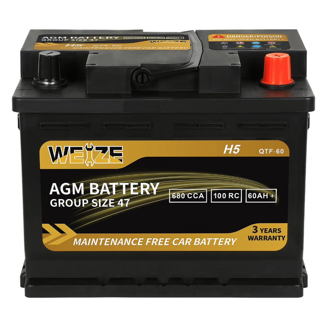 Weize Platinum AGM Battery BCI Group 47-12v 60ah H5 Size 47 Automotive Battery, 100RC, 680CCA, 36 Months Warranty WEIZE