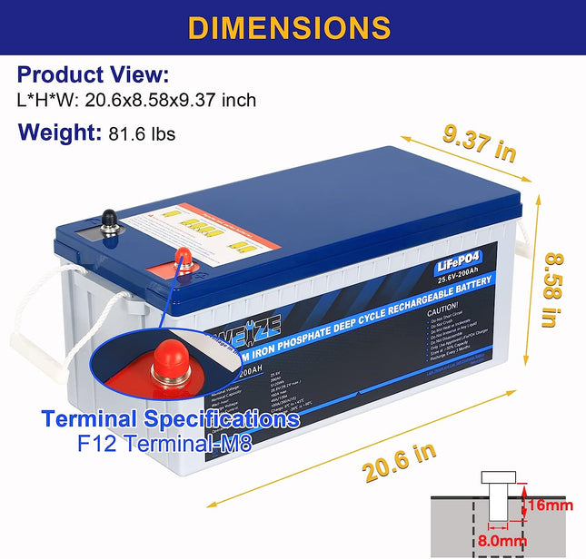 24V 200Ah LiFePO4 Lithium Battery, Built-in 100A Smart BMS, Up to 8000 Deep Cycles, 5120Wh Rechargeable Battery, Perfect for RV, Solar System, Marine, and Off Grid Applications WEIZE