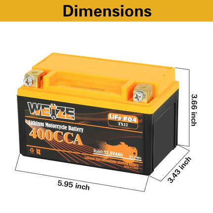 Weize Lithium YTX12, 400A LiFePO4 Motorcycle Battery, 12V 4AH ATV, UTV, Tractor, Generator, Scooter, Personal Watercraft, Seadoo, Jet Ski, Snowmobile and 4 Wheeler Battery WEIZE