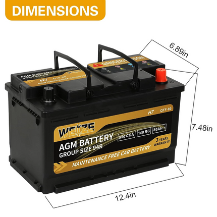 Weize Platinum AGM Battery BCI Group 94R - 12v 80ah H7 Size 94R Automotive Battery, 140RC, 850CCA, 36 Months Warranty WEIZE