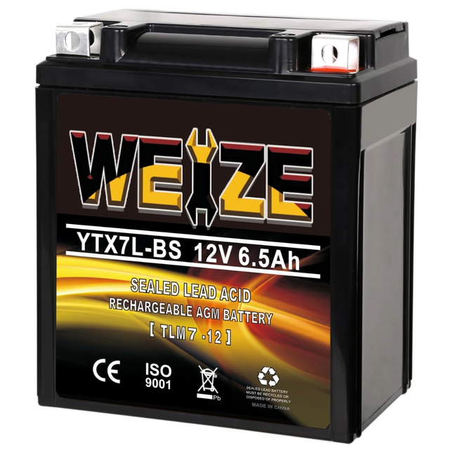 WEIZE YTX7L-BS 12V 6.5Ah High Performance - Maintenance Free - Sealed AGM 100CCA ATV Motorcycle Battery compatible with Honda Kawasaki Suzuki WEIZE