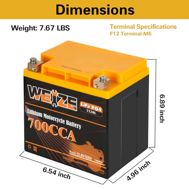 WEIZE 12V 10AH Lithium YTX30L-BS, 700CCA LiFePO4 YTX30L Motorcycle Battery, ATV, UTV, Jet Ski, Scooter, Lawn Mower, Tractor, Generator Battery, Built-in Smart BMS WEIZE