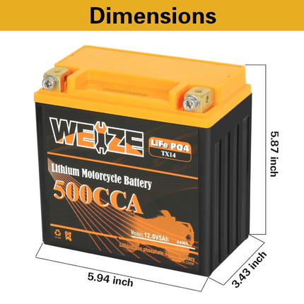 WEIZE 12V 5AH Lithium YTX14-BS, Group 14, 500A LiFePO4 Motorcycle Battery, ATV, UTV, Jet Ski, 4 Wheeler, Snowmobile, Personal Watercraft, Seadoo, Polaris, Generator and Riding Lawn Mower Battery WEIZE