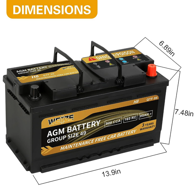 Weize Platinum AGM Battery BCI Group 49-12v 95ah H8 Size 49 Automotive Battery, 160RC, 900CCA, 36 Months Warranty WEIZE