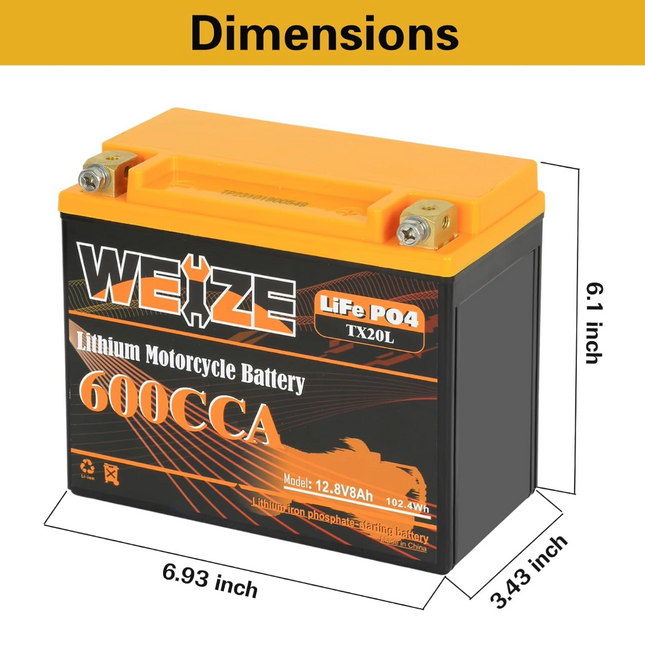 Weize Lithium YTX20L-BS, Group 20, 600A LiFePO4 Motorcycle Battery, 12V 8AH ATV, UTV, Jet Ski, 4 Wheeler, Snowmobile, Personal Watercraft, Seadoo, Polaris, Generator and Riding Lawn Mower Battery WEIZE