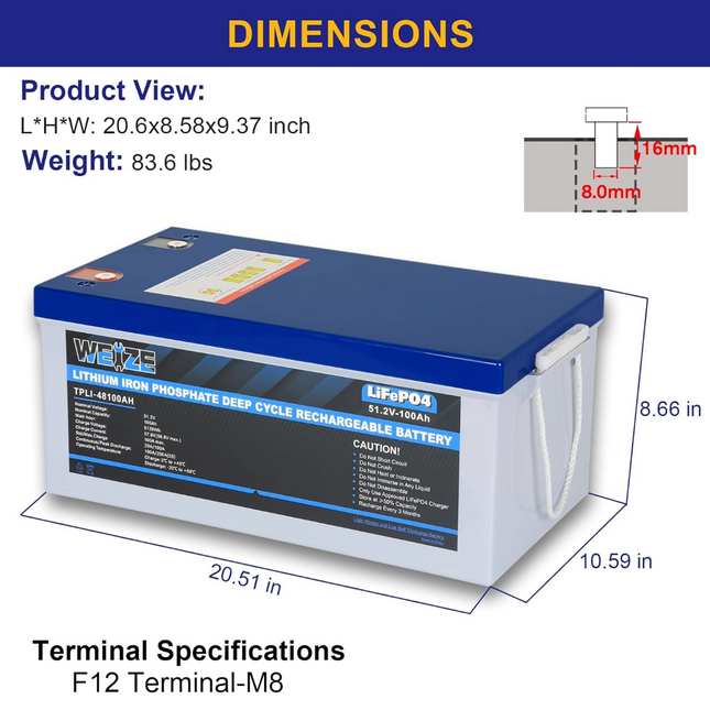 WEIZE 48V 100Ah LiFePO4 Lithium Battery, Built-in 100A Smart BMS, Up to 8000 Deep Cycles, Perfect for RV, Solar System, Marine, and Off Grid Applications WEIZE