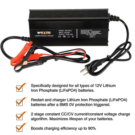 14.6V 20A LiFePO4 Battery Charger, Intelligent AC-DC LiFePO4 Lithium Battery Smart Charger for 12V Lithium Iron Phosphate Batteries, Support Fast Charging WEIZE