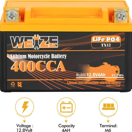 Weize Lithium YTX12, 400A LiFePO4 Motorcycle Battery, 12V 4AH ATV, UTV, Tractor, Generator, Scooter, Personal Watercraft, Seadoo, Jet Ski, Snowmobile and 4 Wheeler Battery WEIZE