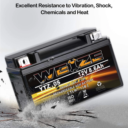 WEIZE YTZ10S-BS 12V 8.6Ah High Performance - Maintenance Free - Sealed AGM Motorcycle Battery Compatible With Yamaha Honda WEIZE