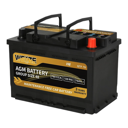 Weize Platinum AGM Battery BCI Group 48-12v 70ah H6 Size 48 Automotive Battery, 120RC, 760CCA, 36 Months Warranty WEIZE