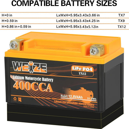 Weize Lithium YTX12, 400A LiFePO4 Motorcycle Battery, 12V 4AH ATV, UTV, Tractor, Generator, Scooter, Personal Watercraft, Seadoo, Jet Ski, Snowmobile and 4 Wheeler Battery WEIZE