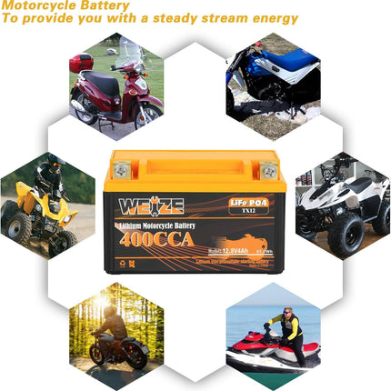 Weize Lithium YTX12, 400A LiFePO4 Motorcycle Battery, 12V 4AH ATV, UTV, Tractor, Generator, Scooter, Personal Watercraft, Seadoo, Jet Ski, Snowmobile and 4 Wheeler Battery WEIZE