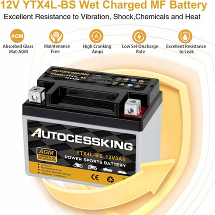YTX4L-BS ATV Motorcycle Battery, 12v 3ah Sealed AGM Rechargeable Motorcycle Batteries, YTX4L BS  Lead Acid Replacement Battery For Honda YUASA Yamaha, Maintenance Free High Performance SLA Battery