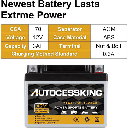 YTX4L-BS ATV Motorcycle Battery, 12v 3ah Sealed AGM Rechargeable Motorcycle Batteries, YTX4L BS  Lead Acid Replacement Battery For Honda YUASA Yamaha, Maintenance Free High Performance SLA Battery