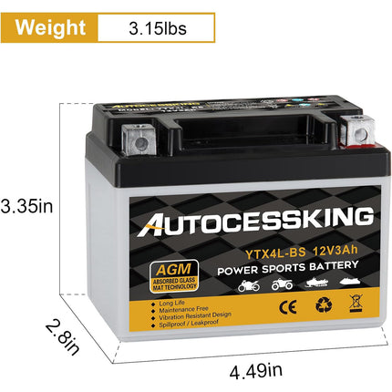 YTX4L-BS ATV Motorcycle Battery, 12v 3ah Sealed AGM Rechargeable Motorcycle Batteries, YTX4L BS  Lead Acid Replacement Battery For Honda YUASA Yamaha, Maintenance Free High Performance SLA Battery