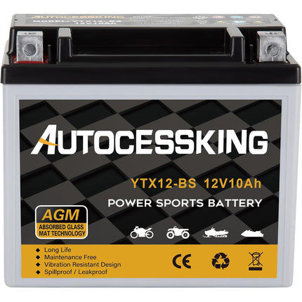YTX12-BS ATV Motorcycle Battery, 12v 10ah Sealed AGM Rechargeable Motorcycle Batteries, YTX12-BS Lead Acid Replacement Battery For Honda YUASA Yamaha, Maintenance Free High Performance SLA Battery