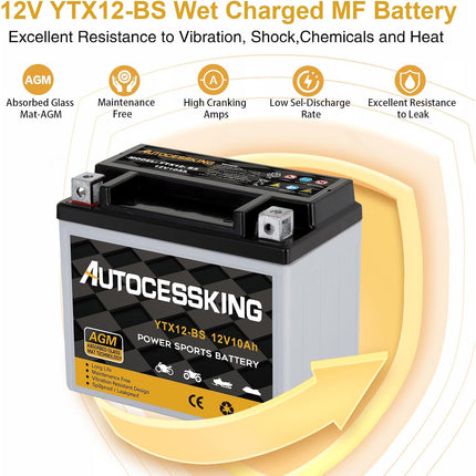 YTX12-BS ATV Motorcycle Battery, 12v 10ah Sealed AGM Rechargeable Motorcycle Batteries, YTX12-BS Lead Acid Replacement Battery For Honda YUASA Yamaha, Maintenance Free High Performance SLA Battery