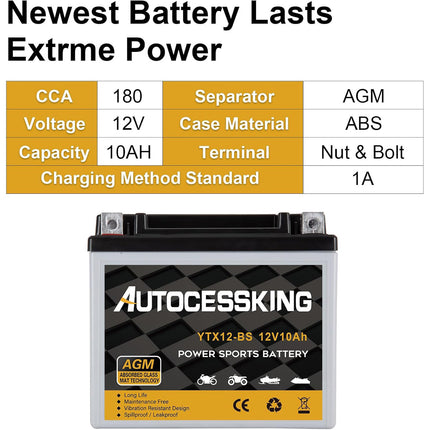 YTX12-BS ATV Motorcycle Battery, 12v 10ah Sealed AGM Rechargeable Motorcycle Batteries, YTX12-BS Lead Acid Replacement Battery For Honda YUASA Yamaha, Maintenance Free High Performance SLA Battery