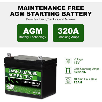 Lawn Mower Tractor Battery, 12v Lawn and Garden Tractor Battery, AGM Powered Lawnmower Batteries 12 Volt, 320 cca Mower Battery, U1 Generator Battery for John Deere Toro Cub Cadet and Craftsman