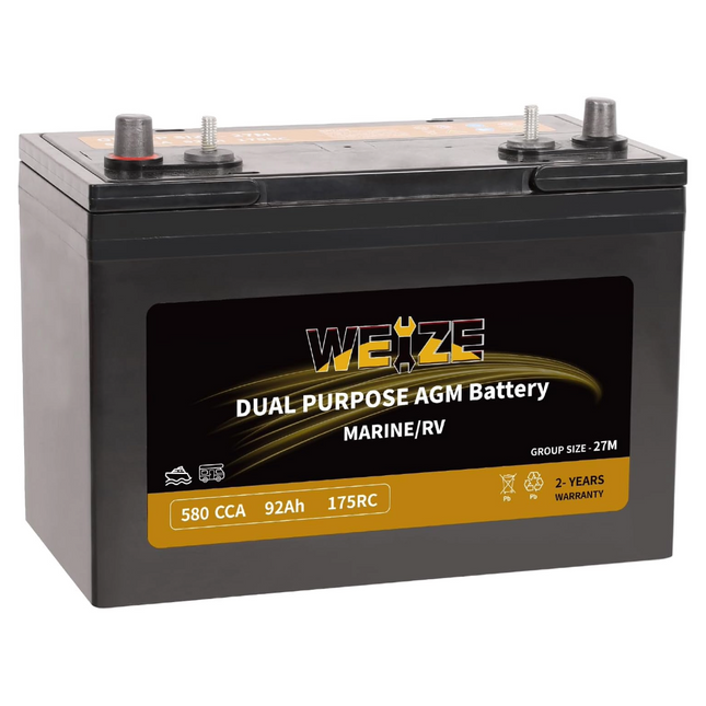 Weize 12V 92AH Dual Purpose AGM Battery, 175RC 580CCA BCI Group 27M Starter & Deep Cycle Sealed Marine & RV Battery WEIZE