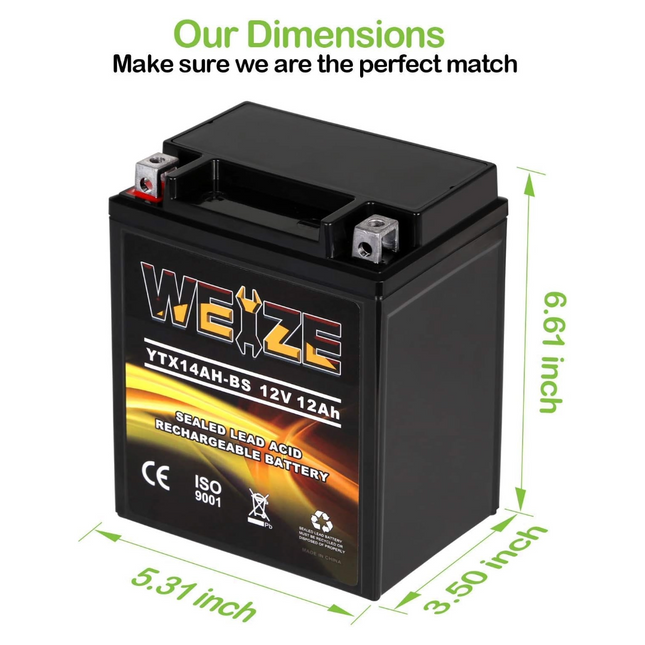 Weize YTX14AH-BS 12V 12Ah High Performance-Maintenance Free-Sealed AGM ATV Motorcycle Battery for Polaris Sportsman 570 Trail Blazer 250 Ranger 400 500 Suzuki King Quad 300 QuadRunner 250 WEIZE