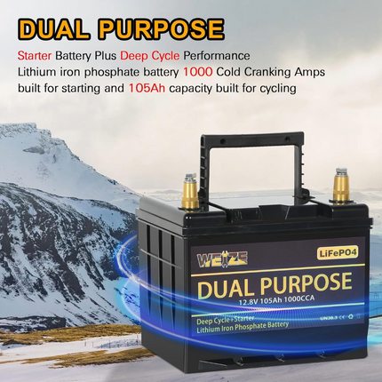 WEIZE 12V 105AH Dual Purpose LiFePO4 Lithium Battery, 1000CCA Starter Battery Plus Deep Cycle Performance, Built-in Smart BMS WEIZE