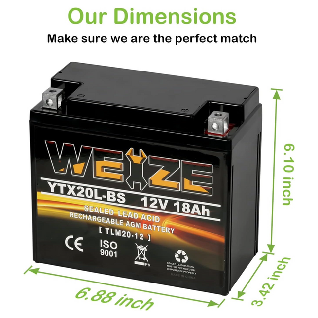 Weize YTX20L-BS 12V 18Ah High Performance Power Sports- Maintenance Free - Sealed AGM Battery ETX20L BS For Motorcycle ATV UTV snowmobile WEIZE