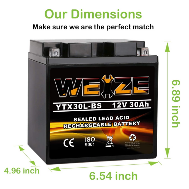 Weize YTX30L-BS 12V 30Ah Battery Replacement Yuasa YIX30L Motorcycle Battery-Factory Sealed-Maintenance Free-High Performance ETX30L BS For Harley Davidson Polaris Sportsman WEIZE