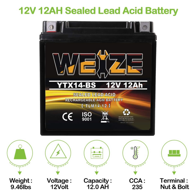 Weize YTX14-BS 12V 12Ah ATV Battery High Performance-Maintenance Free-Sealed AGM Motorcycle Battery compatible with Honda Suzuki Kawasaki Yamaha scooter snowmobile WEIZE