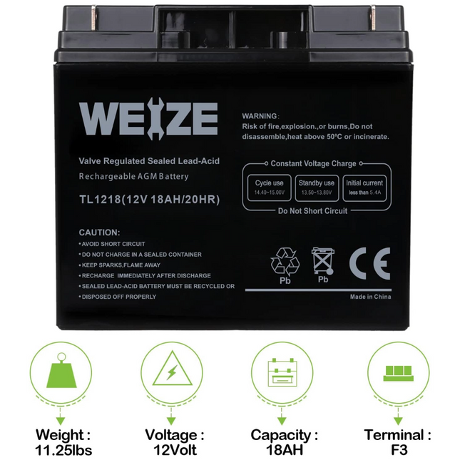 WEIZE 12V 18AH Battery Sealed Lead Acid Rechargeable SLA AGM Batteries Replaces UB12180 FM12180 6fm18, Universal WEIZE