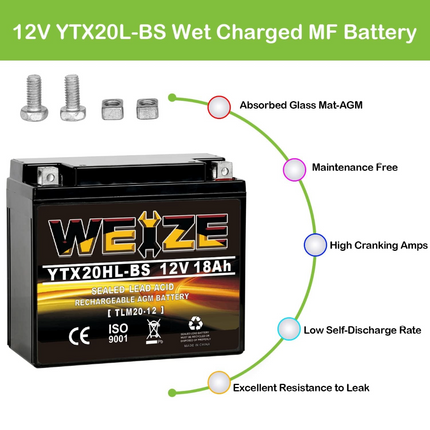 Weize YTX20HL-BS 12V 18Ah High Performance-Maintenance Free-Sealed AGM ETX20HL BS Motorcycle Battery WEIZE