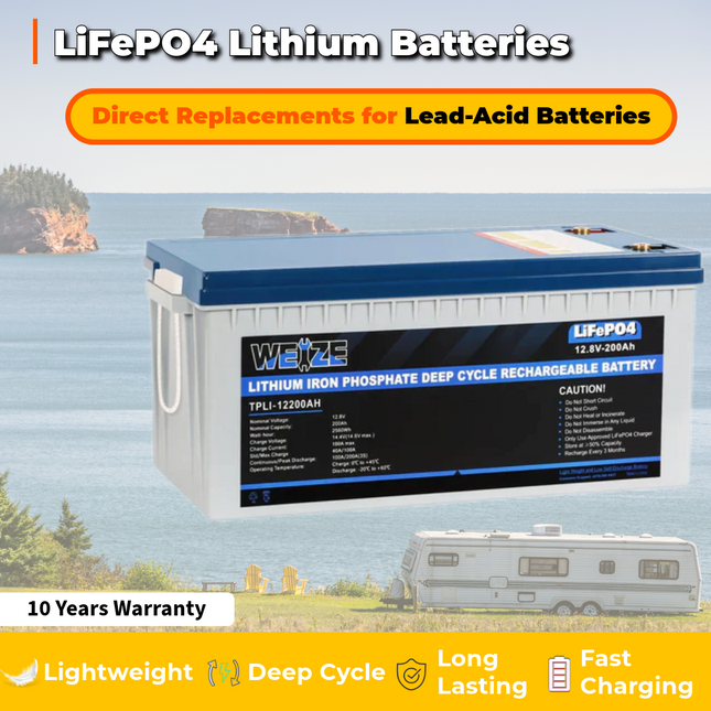 WEIZE 12V 200Ah 2560Wh Lithium Battery, Deep Cycle LiFePO4 Battery for RV, Solar, Marine, Overland/Van, and Off Grid Applications