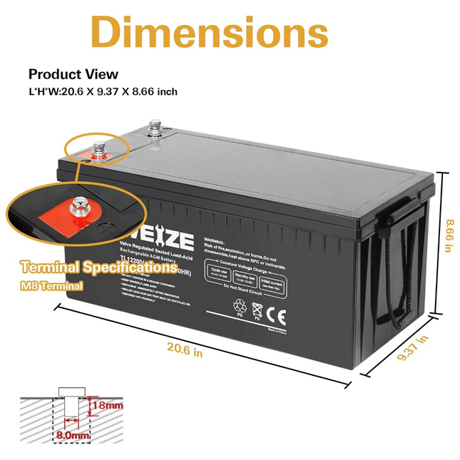 WEIZE AGM Group Size 4D Battery, 12 Volt 200Ah Deep Cycle Battery Perfect for RV, Caravan, Camping, Camper Trailers, Camper Vans, Motor-Homes, Marine, 4WDs & Off Grid Solar WEIZE