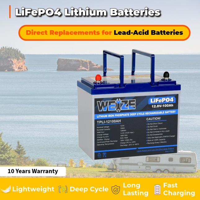 WEIZE 12V 100Ah 1280Wh Lithium Battery, Group 24 Deep Cycle LiFePO4 Battery for RV, Solar, Marine, Trolling Motor, Off Grid Applications