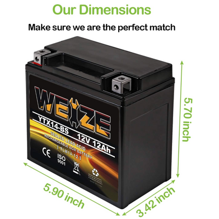 Weize YTX14-BS 12V 12Ah ATV Battery High Performance-Maintenance Free-Sealed AGM Motorcycle Battery compatible with Honda Suzuki Kawasaki Yamaha scooter snowmobile WEIZE