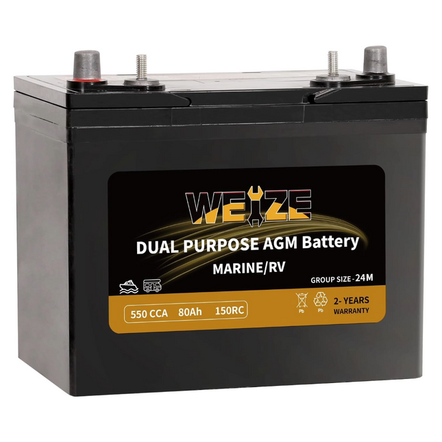 Weize 12V 79AH Dual Purpose AGM Battery, 150RC 550CCA BCI Group 24M Starter & Deep Cycle Sealed Marine & RV Battery WEIZE