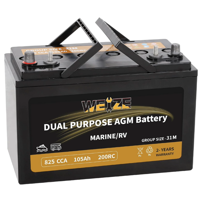 Weize 12V 105AH Dual Purpose AGM Battery, 200RC 825CCA BCI Group 31M Starter & Deep Cycle Sealed Marine & RV Battery WEIZE