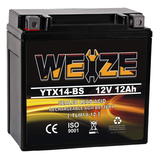 Weize YTX14-BS 12V 12Ah ATV Battery High Performance-Maintenance Free-Sealed AGM Motorcycle Battery compatible with Honda Suzuki Kawasaki Yamaha scooter snowmobile WEIZE