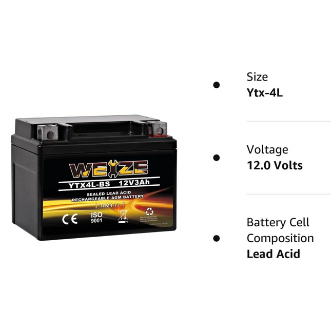 Weize 12V 3Ah High Performance-Rechargeable-Sealed Motorcycle Battery Compatible With Polaris Scrambler, Sportsman 90, Honda Scooters NQ50 Spree,Kawasaki 110 Can-Am DS70,Yamaha TTR125E/LE WEIZE