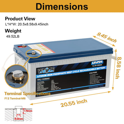 12V 200Ah 2560Wh LiFePO4 Lithium Battery Built-in Smart BMS Up to 8000 Deep Cycles WEIZE